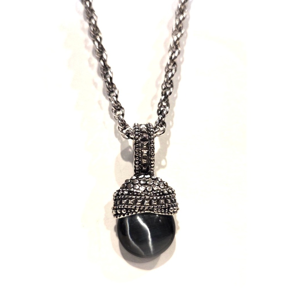 Fiber Optic Cat's Eye Glass Pendant Sterling Silver 24" Chain Blue Black